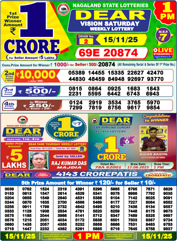 Dear Lottery Result Today 1 PM