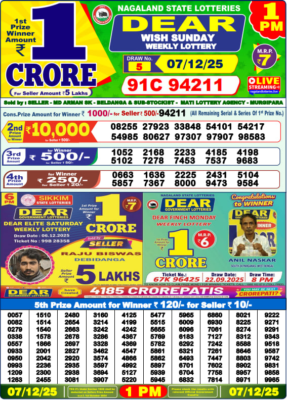 Dear Lottery Result Today 1 PM