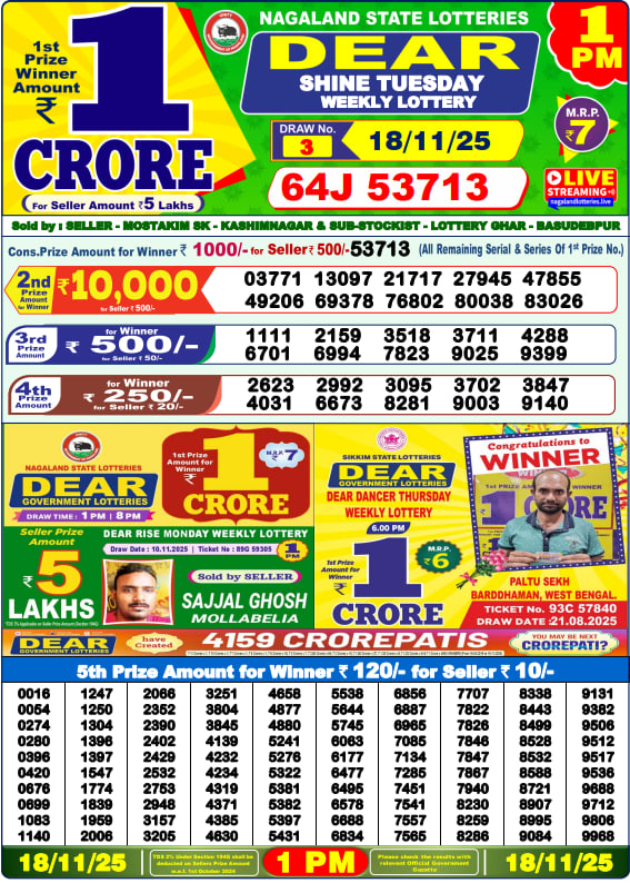 Dear Lottery 1 PM Result – Morning Winning Number and Prize List