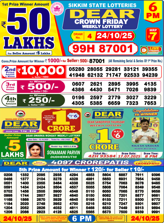 Dear Lottery Result Today 6 PM