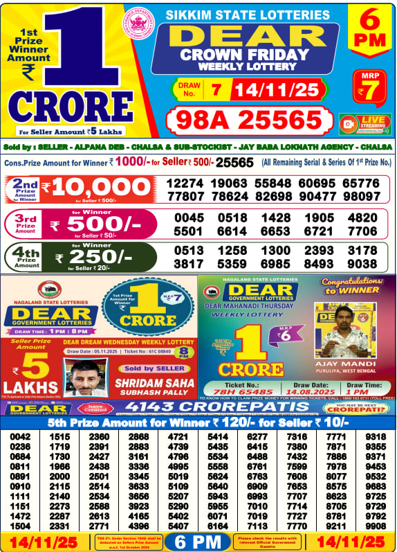 Dear Lottery Result Today 6 PM