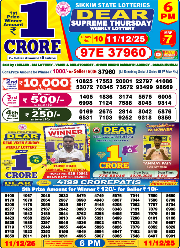 Dear Lottery Result Today 6 PM