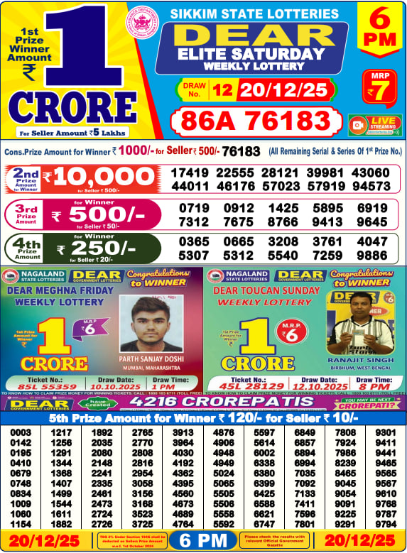 Dear Lottery Result Today 6 PM