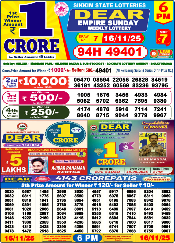 Dear Lottery 6PM Result