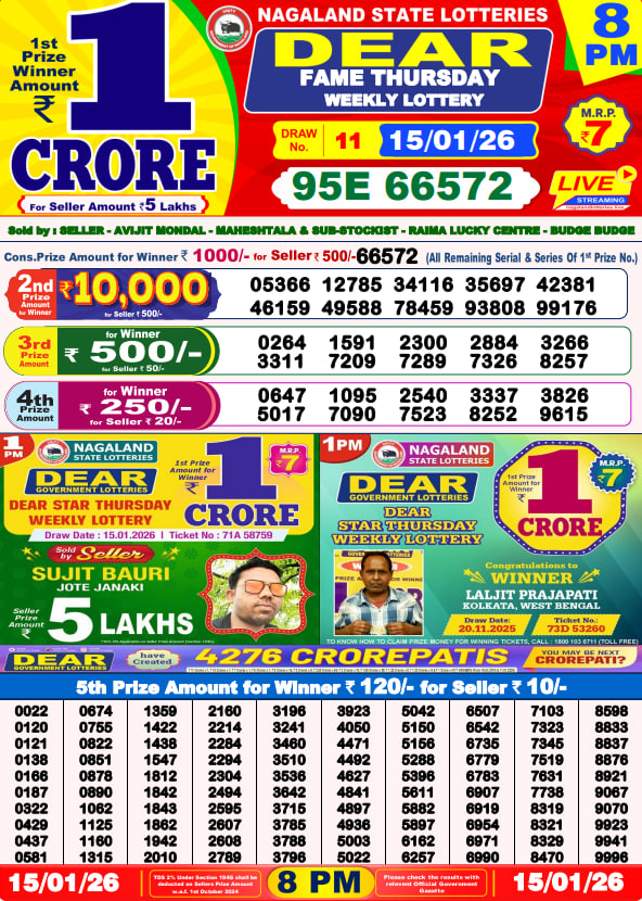 Dear Lottery Live 8 PM Result