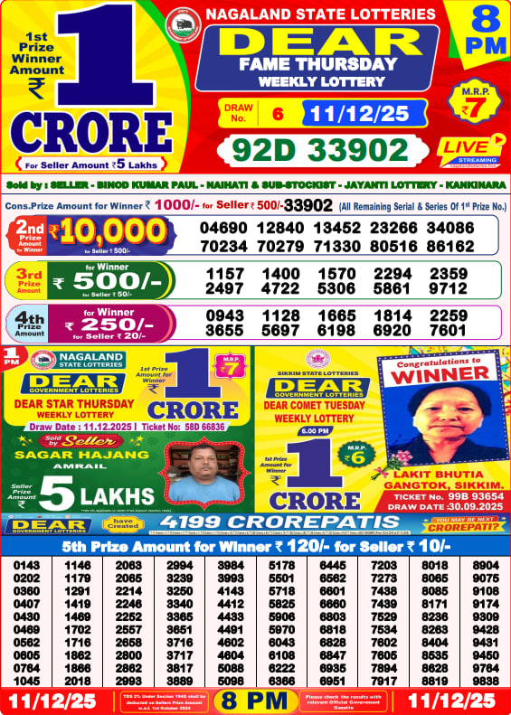 Dear Lottery Live 8 PM Result