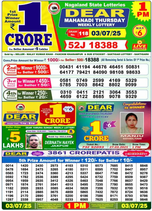 Dear Lottery Results Today, July 03, 2025 – Official Draws at 1pm, 6pm, 8pm