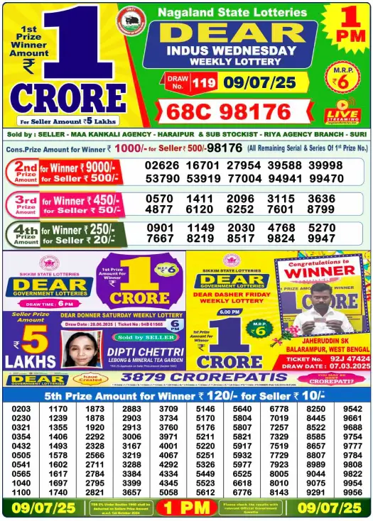 Dear Lottery Results Today, July 09, 2025 – Official Draws at 1pm, 6pm, 8pm