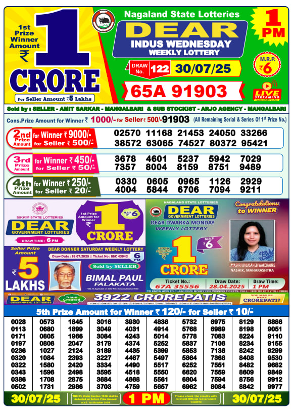 Dear Lottery Results Today, July 30, 2025 – Official Draws at 1pm, 6pm, 8pm