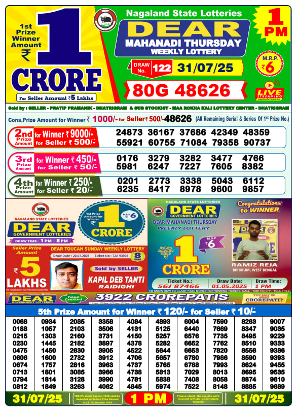 Dear Lottery Results Today, July 31, 2025 – Official Draws at 1pm, 6pm, 8pm