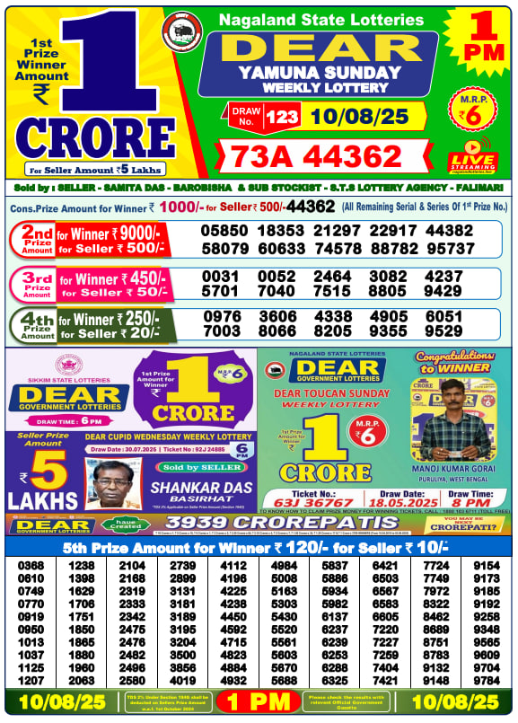 Dear Lottery Results Today, August 10, 2025 – Official Draws at 1pm, 6pm, 8pm