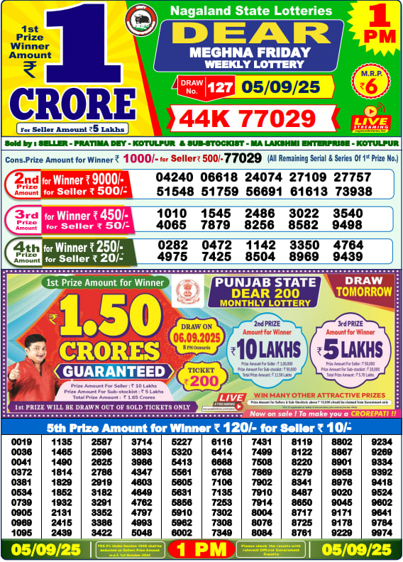 Dear Lottery Results for September 05, 2025 – Live Updates at 1 PM, 6 PM & 8 PM
