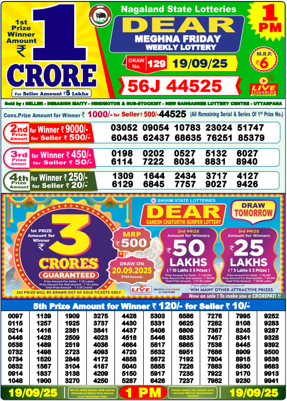 Dear Lottery Results for September 19, 2025 – Live Updates at 1 PM, 6 PM & 8 PM