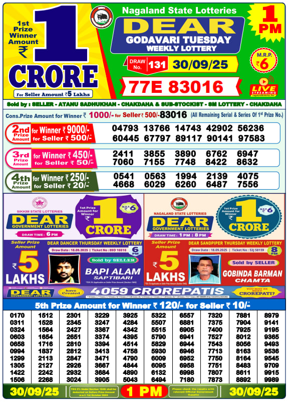 Dear Lottery Results for September 30, 2025 – Live Updates at 1 PM, 6 PM & 8 PM