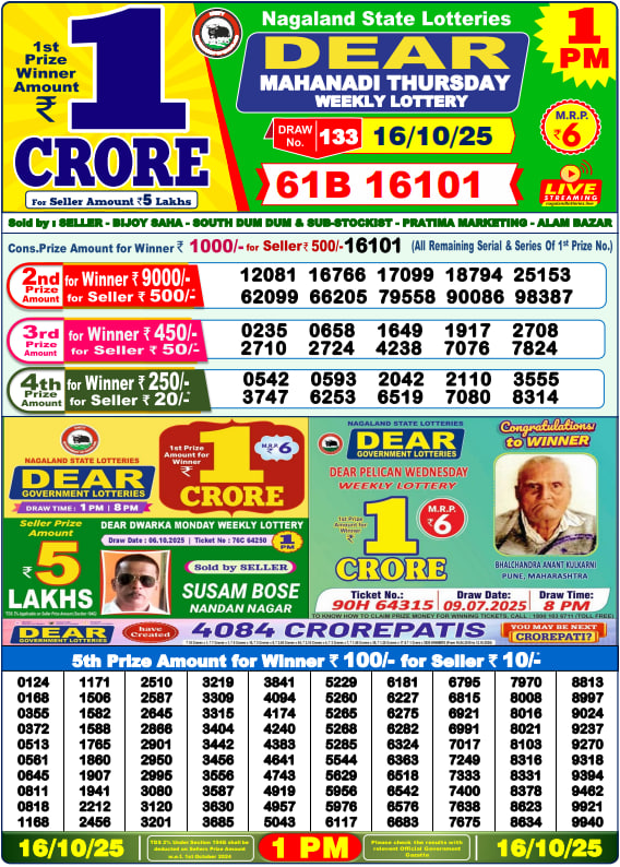 Dear Lottery Results for October 16, 2025 – Live Updates at 1 PM, 6 PM & 8 PM