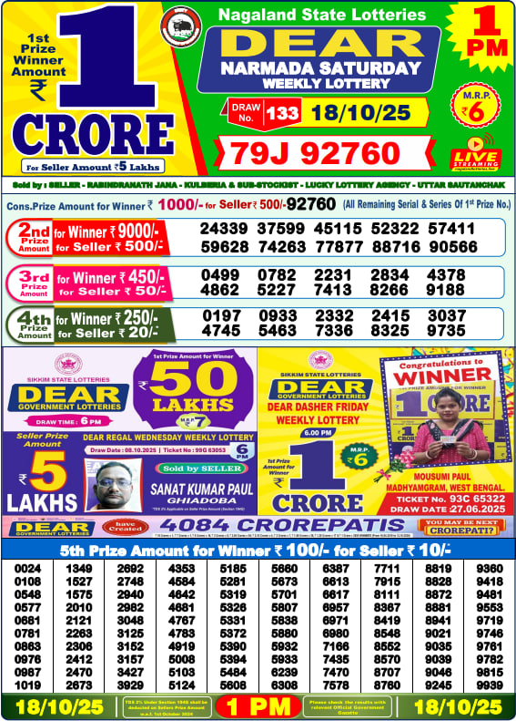 Dear Lottery Results for October 18, 2025 – Live Updates at 1 PM, 6 PM & 8 PM