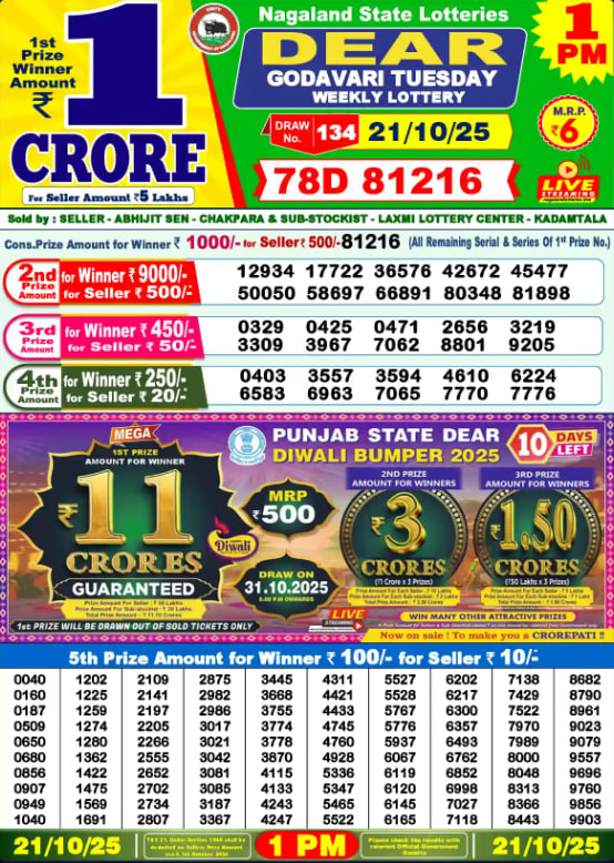 Dear Lottery Results for October 21, 2025 – Live Updates at 1 PM, 6 PM & 8 PM