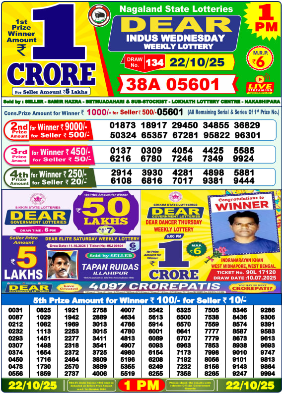 Dear Lottery Results for October 22, 2025 – Live Updates at 1 PM, 6 PM & 8 PM