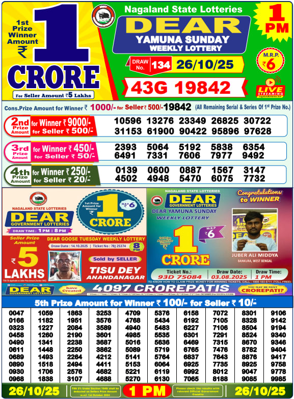 Dear Lottery Results for October 26, 2025 – Live Updates at 1 PM, 6 PM & 8 PM