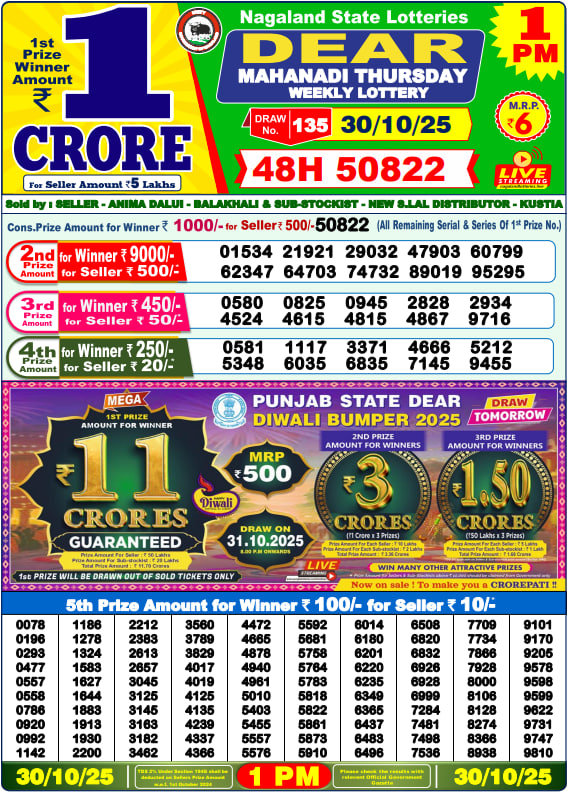 Dear Lottery Results for October 30, 2025 – Live Updates at 1 PM, 6 PM & 8 PM