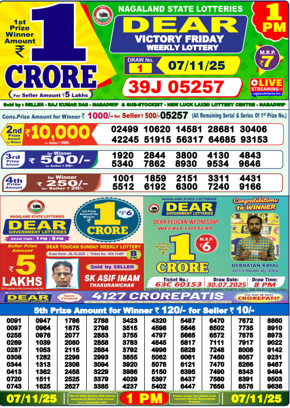 Dear Lottery Results for November 07, 2025 – Live Updates at 1 PM, 6 PM & 8 PM