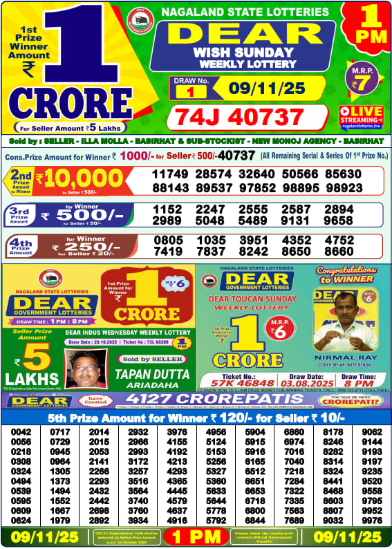 Dear Lottery Results for November 09, 2025 – Live Updates at 1 PM, 6 PM & 8 PM