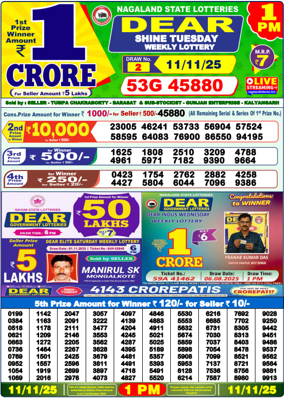 Dear Lottery Results for November 11, 2025 – Live Updates at 1 PM, 6 PM & 8 PM