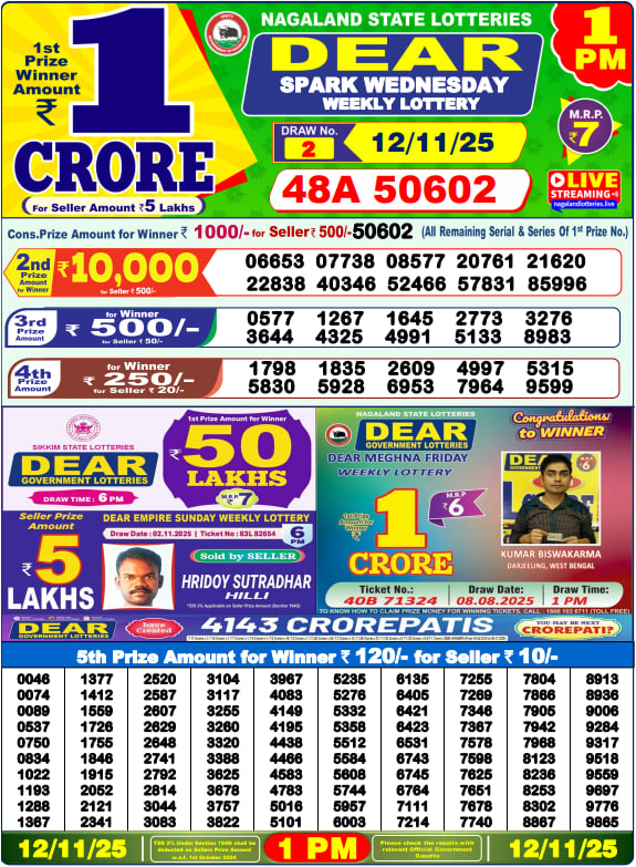 Dear Lottery Results for November 12, 2025 – Live Updates at 1 PM, 6 PM & 8 PM
