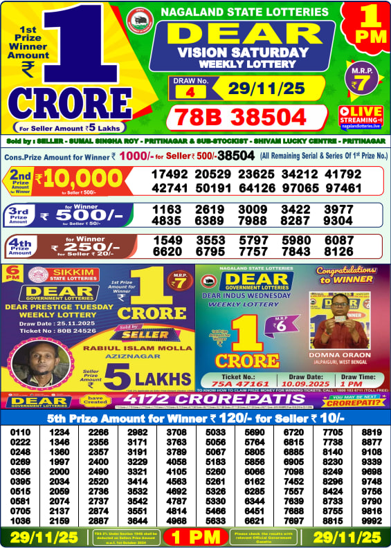 Dear Lottery Results for November 29, 2025 – Live Updates at 1 PM, 6 PM & 8 PM