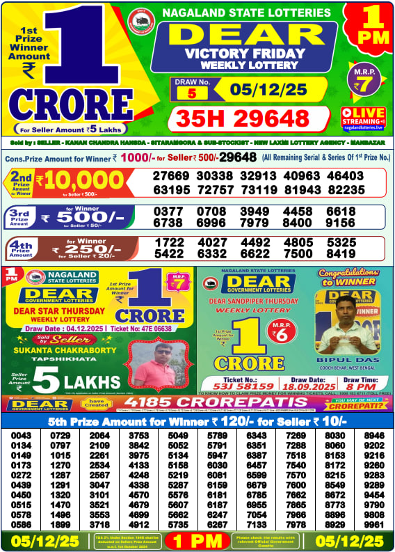 Dear Lottery Results for December 05, 2025 – Live Updates at 1 PM, 6 PM & 8 PM