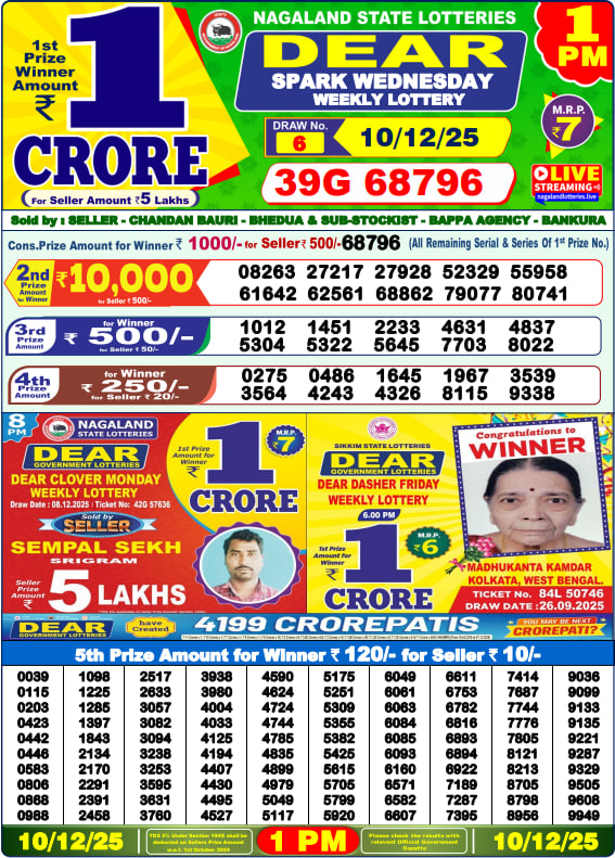 Dear Lottery Results for December 10, 2025 – Live Updates at 1 PM, 6 PM & 8 PM