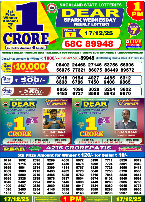 Dear Lottery Results for December 17, 2025 – Live Updates at 1 PM, 6 PM & 8 PM