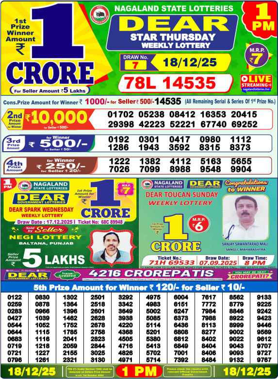 Dear Lottery Results for December 18, 2025 – Live Updates at 1 PM, 6 PM & 8 PM