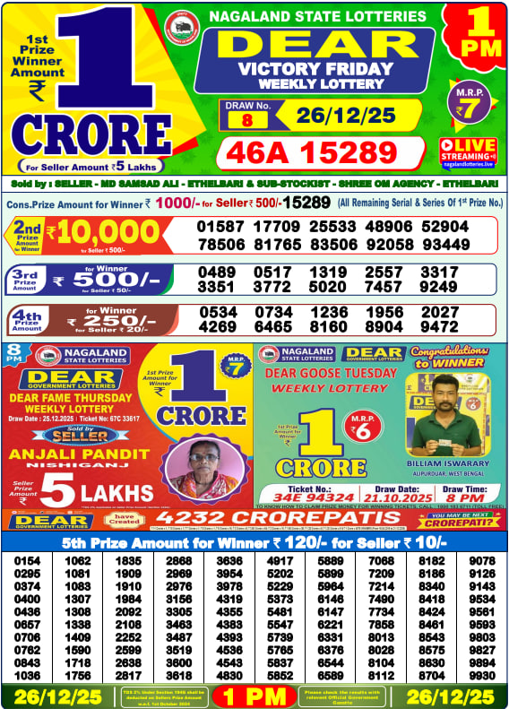 Dear Lottery Results for December 26, 2025 – Live Updates at 1 PM, 6 PM & 8 PM